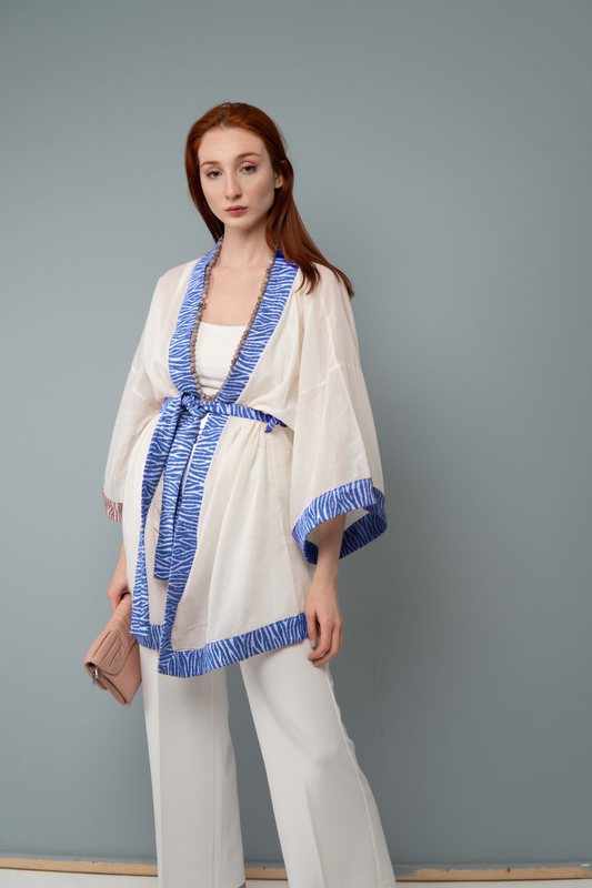 Anima Kimono - White&Blue - Women's Natural Fabric Kimono by unexpectedone