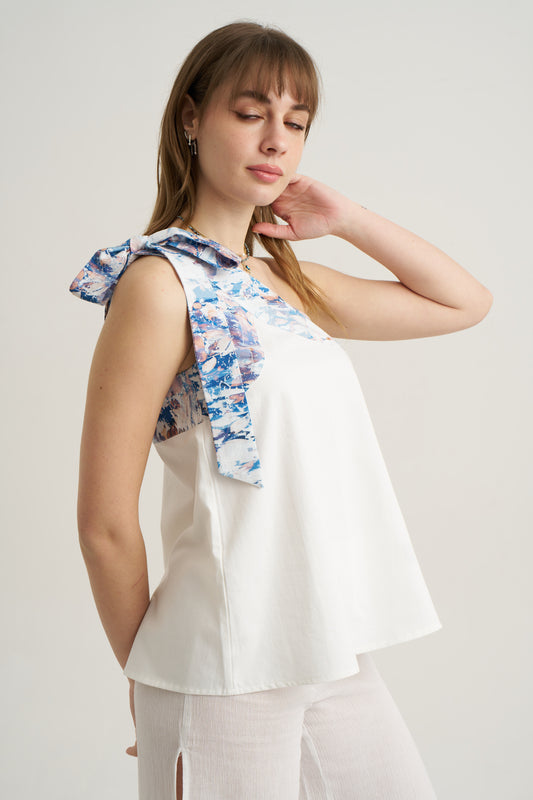 Put a Bow on It - Jean Blue - Women’s Natural Fabric One Shoulder Top by unexpectedone